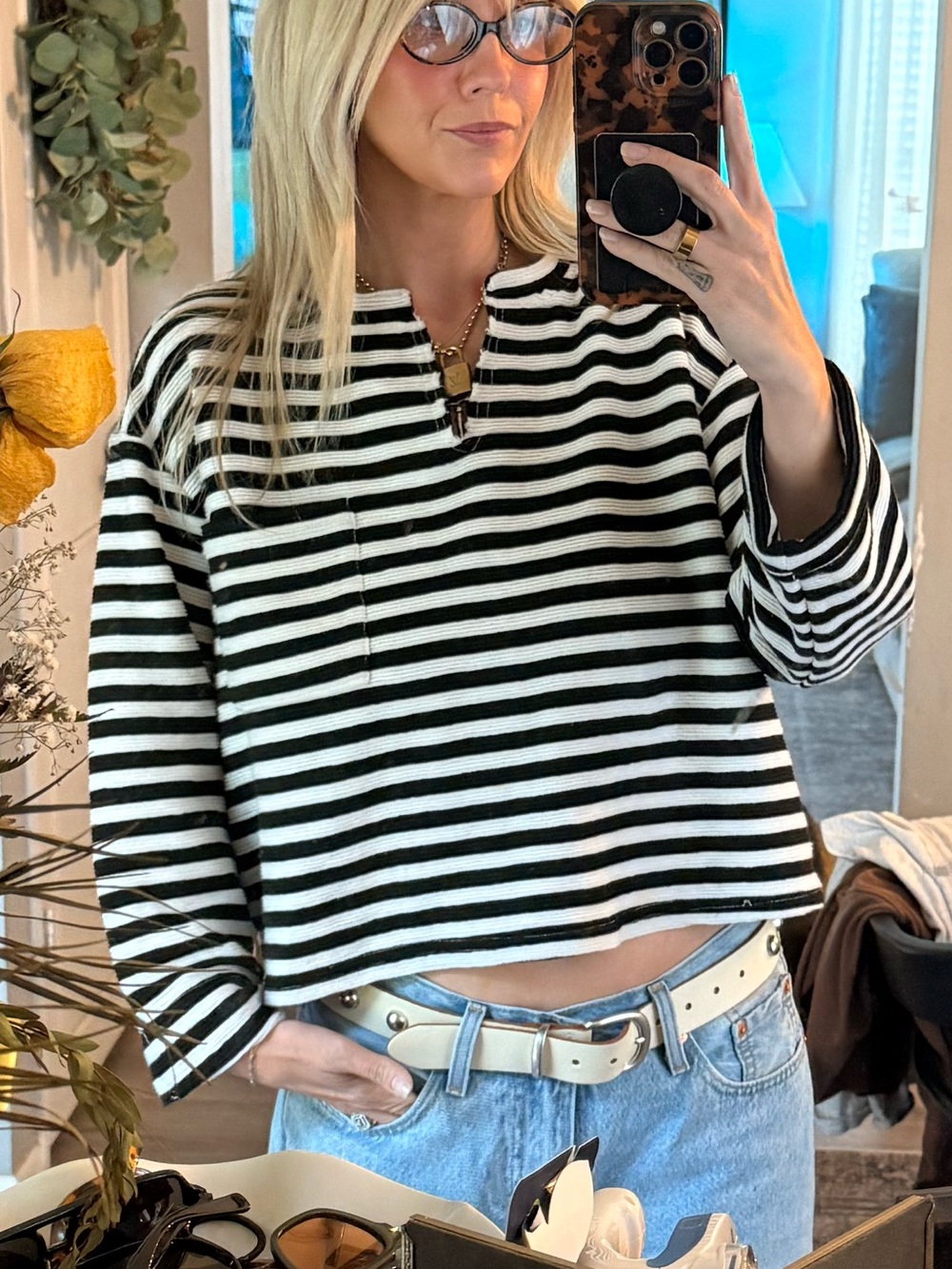 Blu Pepper Black & White Striped Cropped Sweatshirt